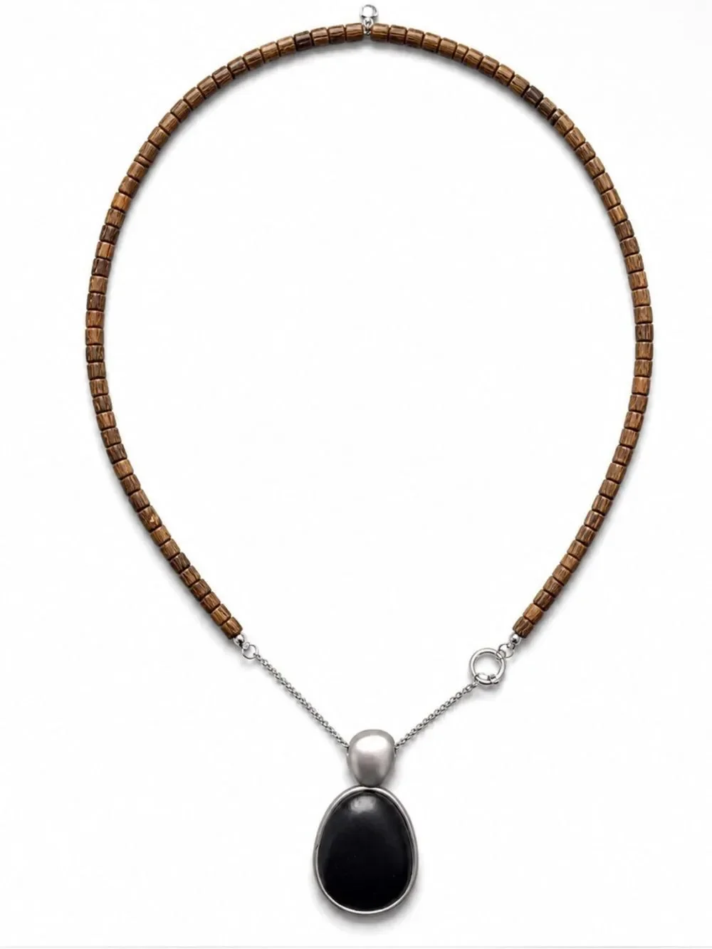 Sterling Silver Black Stone Necklace with Brown Beaded Cord